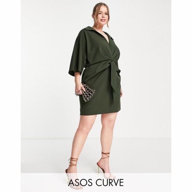 エイソス ASOS Curve レディース ワンピース ラップドレス ミニ丈 Curve Collared Wrap Front Batwing Mini Dress With Knot In Khaki カ