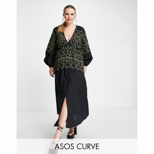 エイソス ASOS Curve レディース ワンピース マキシ丈 ワンピース・ドレス Curve Embroidered Button Through Maxi Dress In Black ブラ