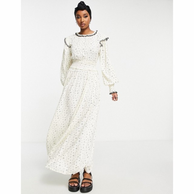 エイソス ASOS DESIGN レディース ワンピース ワンピース・ドレス Shirred Waist Maxi Ditsy Print Dress With Contrast Stitching In Wh