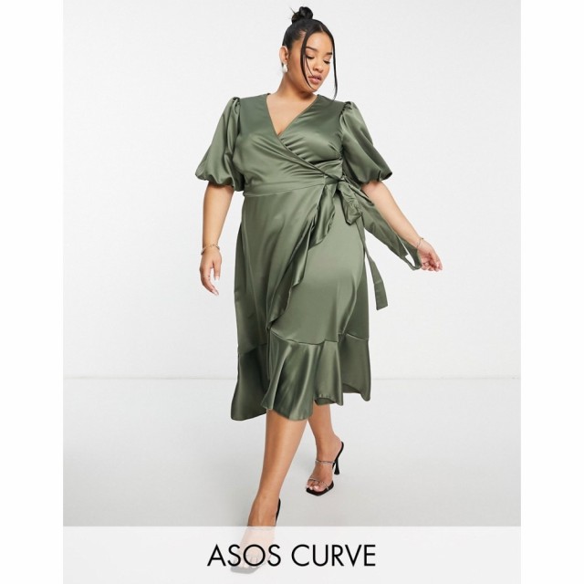 エイソス ASOS Curve レディース ワンピース ラップドレス ミドル丈 ワンピース・ドレス Curve Edit Satin Midi Wrap Dress With Puff Sl