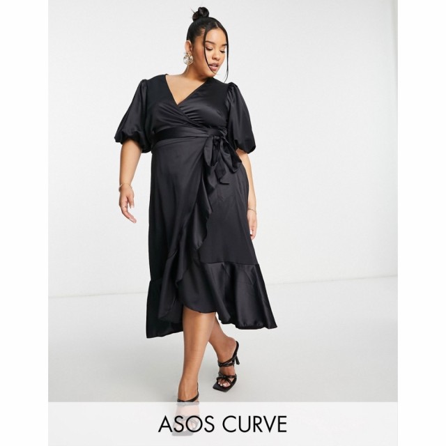 エイソス ASOS Curve レディース ワンピース ラップドレス ミドル丈 Curve Edit Satin Midi Wrap Dress With Puff Sleeves In Black ブラ