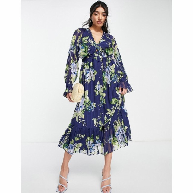 エイソス ASOS DESIGN レディース ワンピース Satin Stripe Midi Dress With Blouson Sleeve And Button Detail In Navy Floral Print ネ