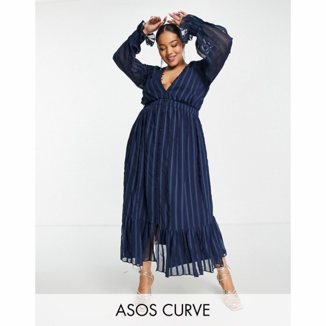 エイソス ASOS Curve レディース ワンピース ミドル丈 Curve Satin Stripe Midi Dress With Blouson Sleeve And Button Detail In Navy