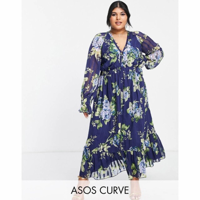 エイソス ASOS Curve レディース ワンピース Curve Satin Midi Dress With Blouson Sleeve And Button Detail In Navy Floral Print ネイ