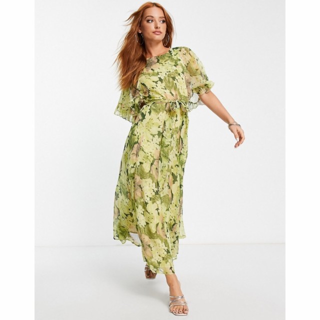 トップショップ Topshop レディース ワンピース ワンピース・ドレス Ruffle Belted Floral Occasion Dress In Green グリーン