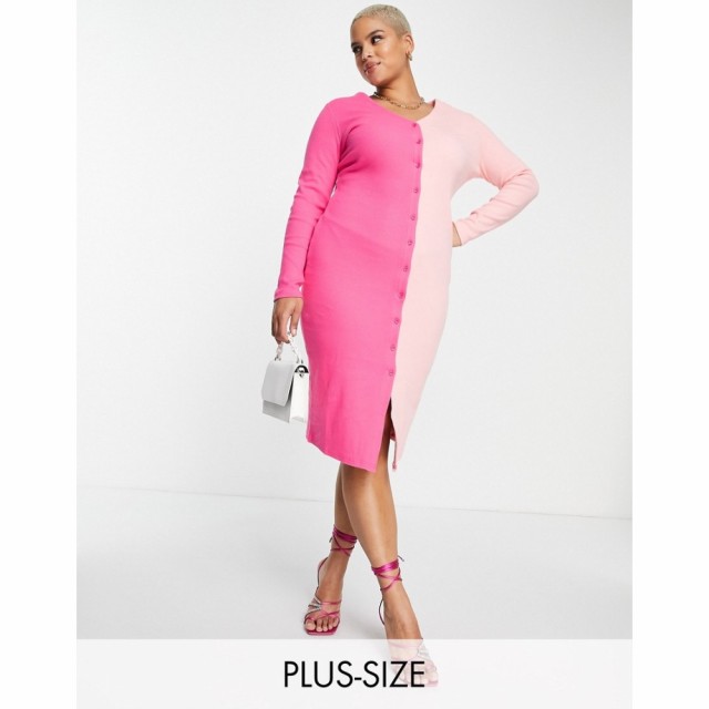 シミ Simmi London Plus レディース ボディコンドレス タイト ミドル丈 Simmi Plus Contrast Button Through Midi Bodycon Dress In Pink