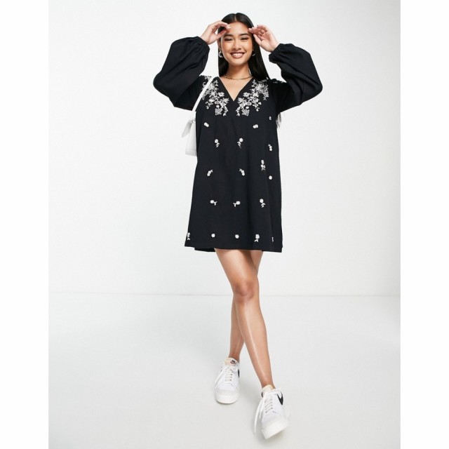 エイソス ASOS DESIGN レディース ワンピース Vネック ワンピース・ドレス V Neck Smock Dress In Black With White Floral Embroidery