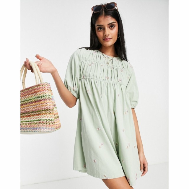 エイソス ASOS DESIGN レディース ワンピース Ａライン ワンピース・ドレス Tiered Mini Smock Dress In Sage With Pink Floral Embroide