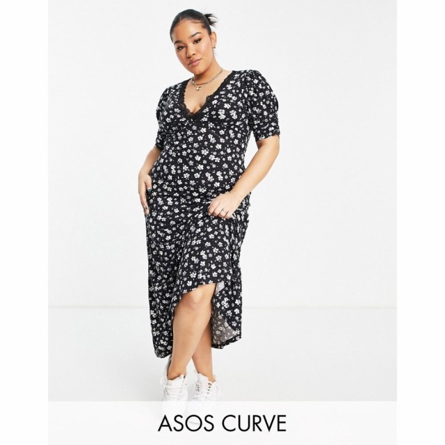 エイソス ASOS DESIGN レディース ワンピース ワンピース・ドレス Curve Maxi Tea Dress With Lace Detail In Mono Floral Print