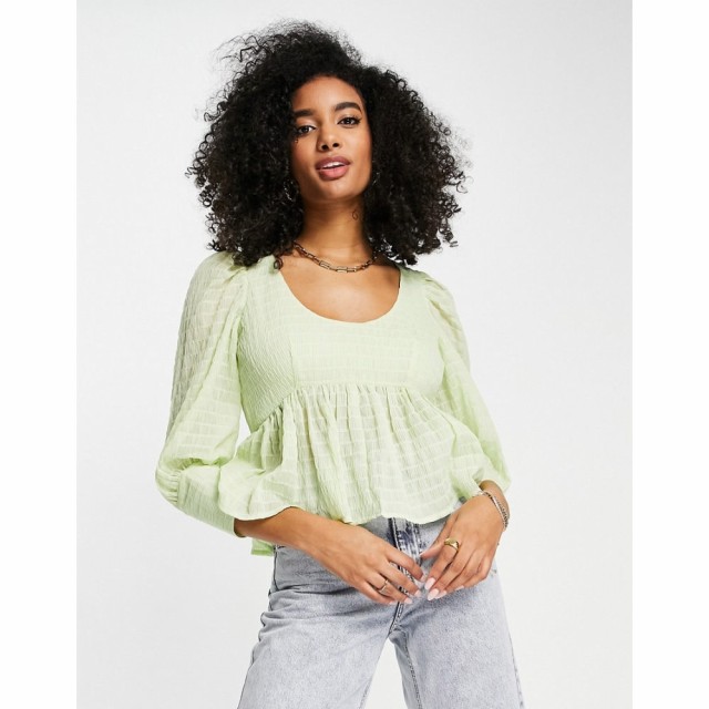 エイソス ASOS DESIGN レディース トップス Shirred Peplum Top With Deep Cuff In Sage Green セージグリーン