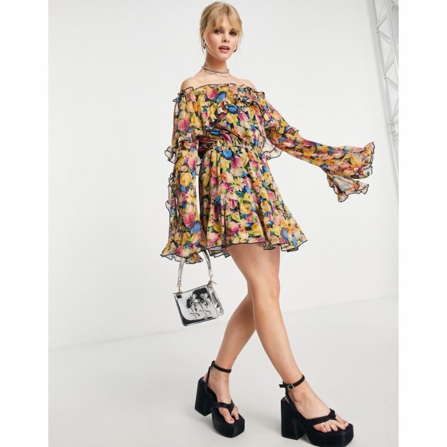 トップショップ Topshop レディース ワンピース ミニ丈 ワンピース・ドレス Frill Ruffle Bardot Mini Dress In Bright Floral ローズ