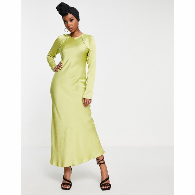 エイソス ASOS DESIGN レディース ワンピース マキシ丈 ワンピース・ドレス Satin Biased Maxi Dress With Button Detail In Lime ライム