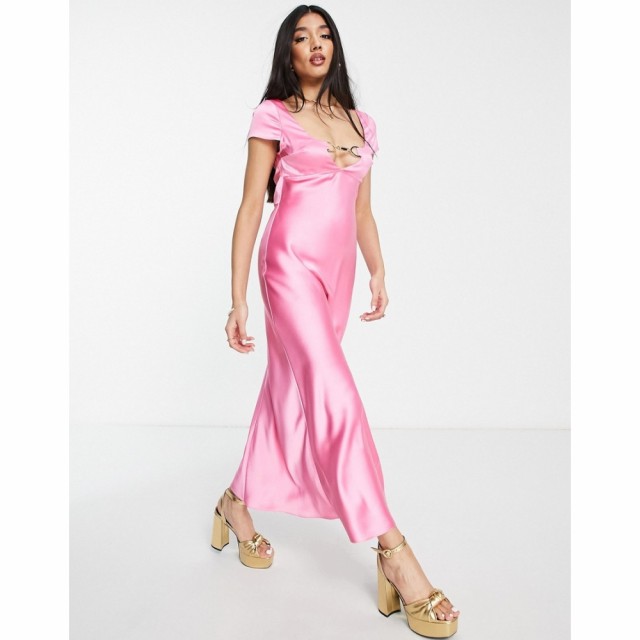 エイソス ASOS DESIGN レディース ワンピース マキシ丈 ワンピース・ドレス Cap Sleeve Satin Maxi Dress With Buckle Detail In Pink ブ