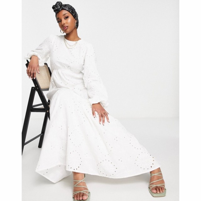 エイソス ASOS DESIGN レディース ワンピース マキシ丈 ワンピース・ドレス Broderie Maxi Dress With Volume Sleeve In White ホワイト