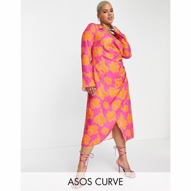 エイソス ASOS Curve レディース ワンピース ラップドレス ミドル丈 ワンピース・ドレス Curve 70S Drape Front Wrap Midi Dress In Oran