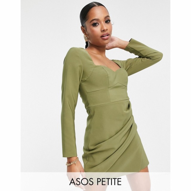 エイソス ASOS Petite レディース ワンピース ラップドレス ラップスカート ミニ丈 Petite Sweetheart Neck Mini Dress With Ruched Wrap