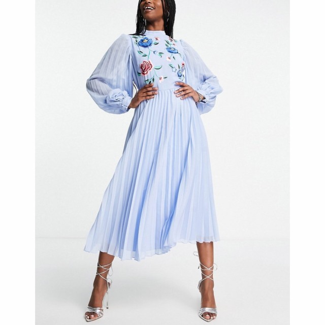 エイソス ASOS DESIGN レディース ワンピース ミドル丈 High Neck Pleated Long Sleeve Skater Midi Dress With Embroidery In Cornflowe