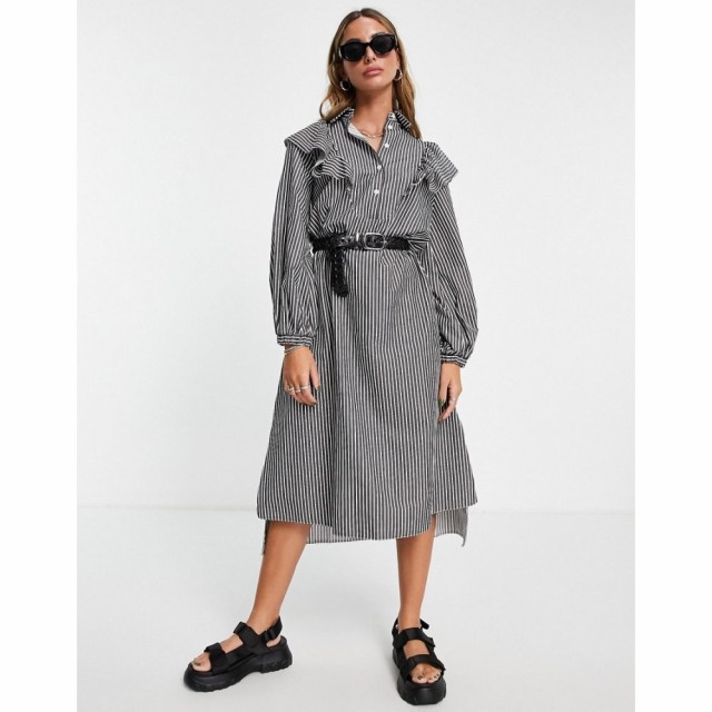 トップショップ Topshop レディース ワンピース ミドル丈 シャツワンピース Poplin Frill Bib Oversized Midi Shirt Dress In Navy And W