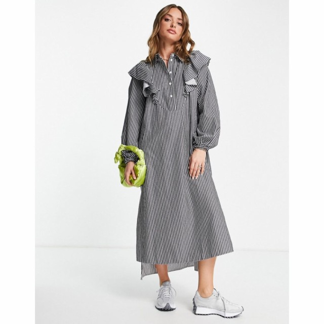 トップショップ Topshop レディース ワンピース ミドル丈 シャツワンピース Poplin Frill Bib Oversized Midi Shirtdress In Navy And Wh