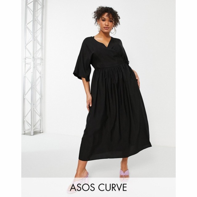 エイソス ASOS Curve レディース ワンピース ラップドレス ミドル丈 Curve Edit Midi Smock Dress With Wrap Front And Kimono Sleeve In