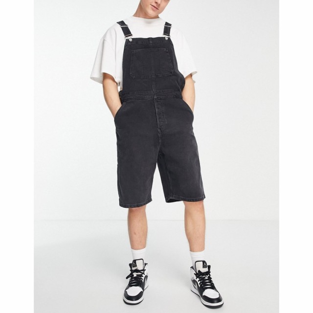 トップマン Topman メンズ オーバーオール デニム ウォッシュ加工 ボトムス・パンツ Denim Shorts Dungaree In Washed Black ウォッシュ