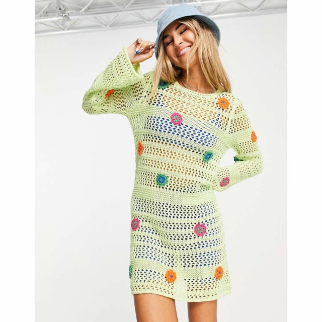 エイソス ASOS DESIGN レディース ワンピース ミニ丈 ワンピース・ドレス Mini Dress With Crochet Flowers ライム