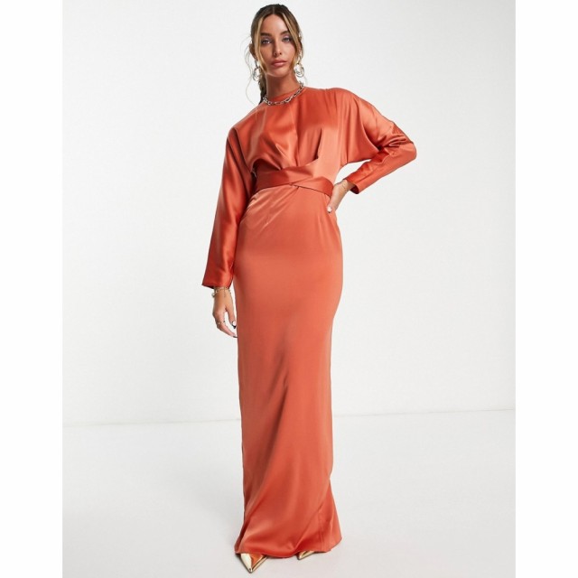 エイソス ASOS DESIGN レディース ワンピース ラップドレス マキシ丈 ワンピース・ドレス Satin Maxi Dress With Batwing Sleeve And Wra