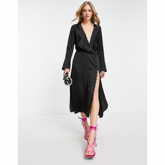 エイソス ASOS DESIGN レディース ワンピース ミドル丈 ワンピース・ドレス Satin Bias Cut Drape Midi Dress With Button Detail In Bla