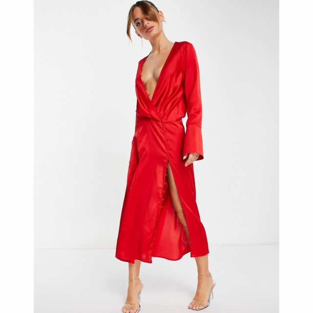 エイソス ASOS DESIGN レディース ワンピース ミドル丈 ワンピース・ドレス Satin Bias Cut Drape Midi Dress With Button Detail In Red