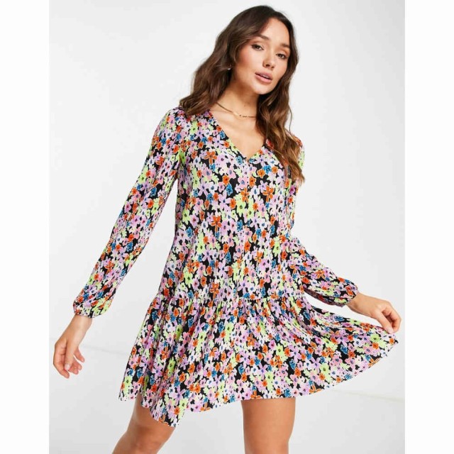 エイソス ASOS DESIGN レディース ワンピース Vネック ワンピース・ドレス Plisse Long Sleeve V Neck Mini Dress In Bright Floral Prin