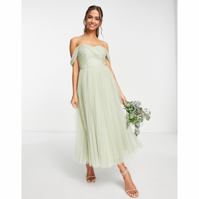 エイソス ASOS DESIGN レディース パーティードレス Bridesmaid Off Shoulder Tulle Midi Dress With Tie Back And Pleated Skirt In Sag