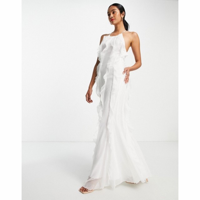 エイソス ASOS DESIGN レディース ワンピース マキシ丈 ワンピース・ドレス Halter Maxi Dress With Bias Ruffle Detail In White ホワイ