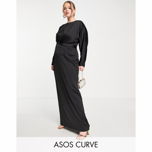 エイソス ASOS Curve レディース ワンピース ラップドレス マキシ丈 Curve Satin Maxi Dress With Batwing Sleeve And Wrap Waist In Bla