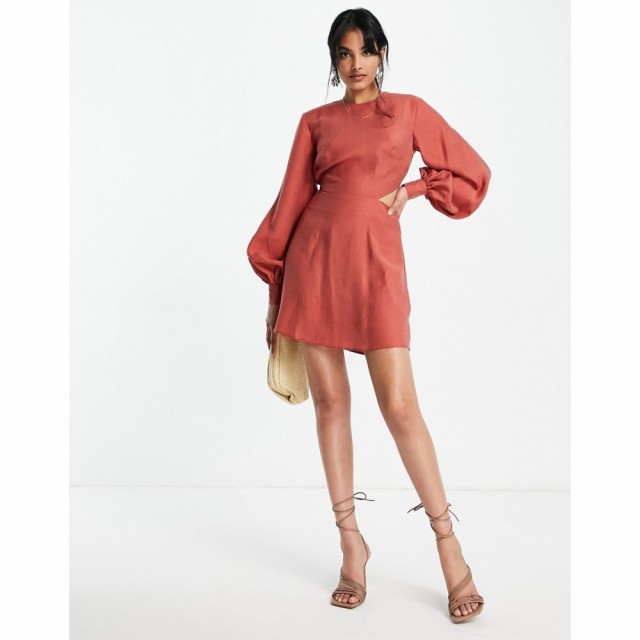 エイソス ASOS DESIGN レディース ワンピース ミニ丈 ワンピース・ドレス Blouson Sleeve Mini Dress With Open Back In Washed Textured