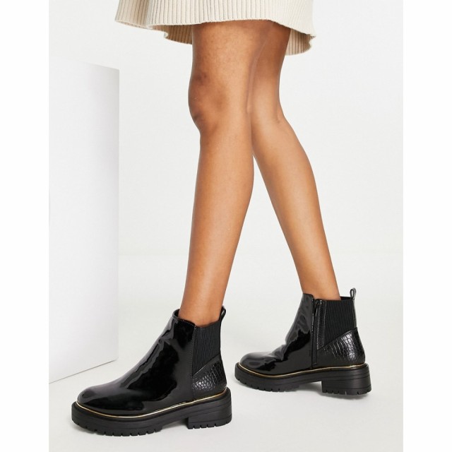 ニュールック New Look レディース ブーツ チェルシーブーツ シューズ・靴 Gold Trim Chunky Chelsea Flat Boot In Black ブラック