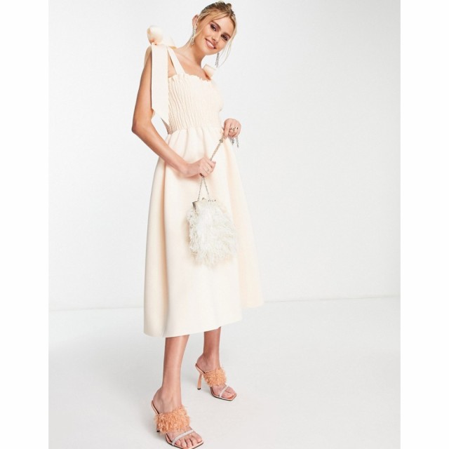 エイソス ASOS DESIGN レディース パーティードレス ミドル丈 ワンピース・ドレス Shirred Bunny Tie Prom Midi Dress In Cream クリーム