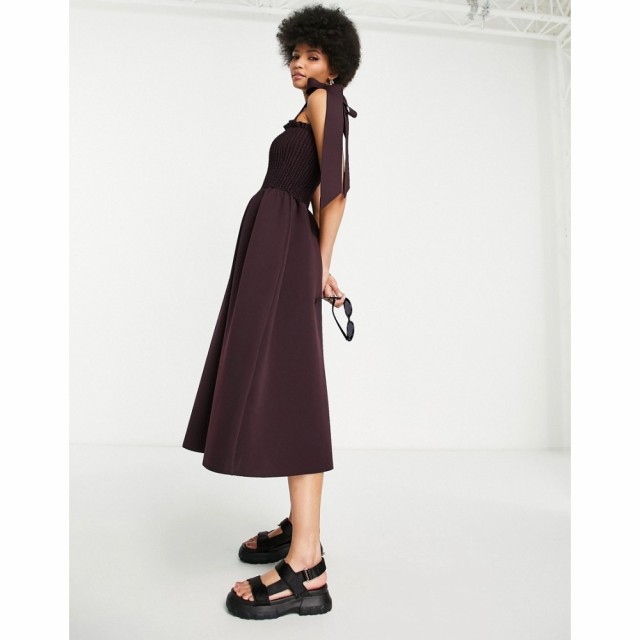 エイソス ASOS Tall レディース パーティードレス ミドル丈 ワンピース・ドレス Tall Shirred Bunny Tie Prom Midi Dress In Aubergine