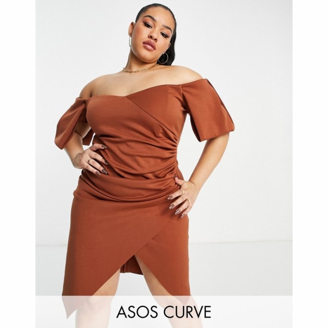 エイソス ASOS Curve レディース ワンピース ラップドレス ミドル丈 Curve Sweetheart Neck Wrap Tuck Off Shoulder Bardot Midi Dress I