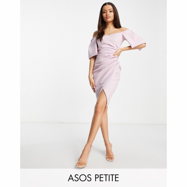 エイソス ASOS Petite レディース ワンピース ラップドレス ミドル丈 Petite Sweetheart Neck Wrap Tuck Off Shoulder Bardot Midi Dress