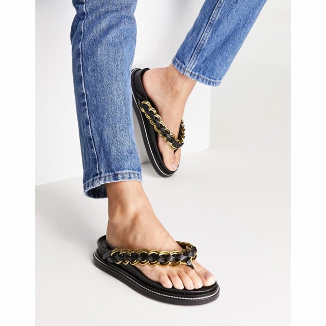 エイソス ASOS DESIGN レディース サンダル・ミュール フラット シューズ・靴 Festive Premium Leather Chain Flat Sandals In Black ブ