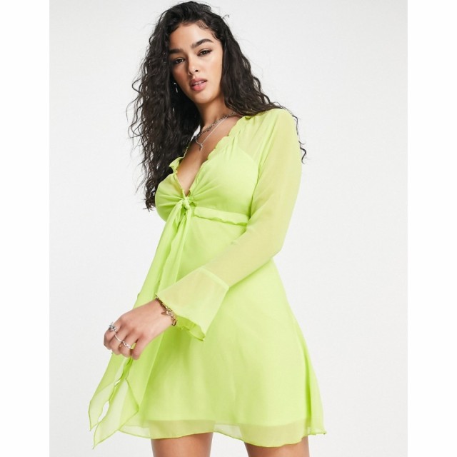 エイソス ASOS DESIGN レディース ワンピース ミニ丈 ワンピース・ドレス Tie Front Lettuce Edge 90S Mini Tea Dress In Green ネオング