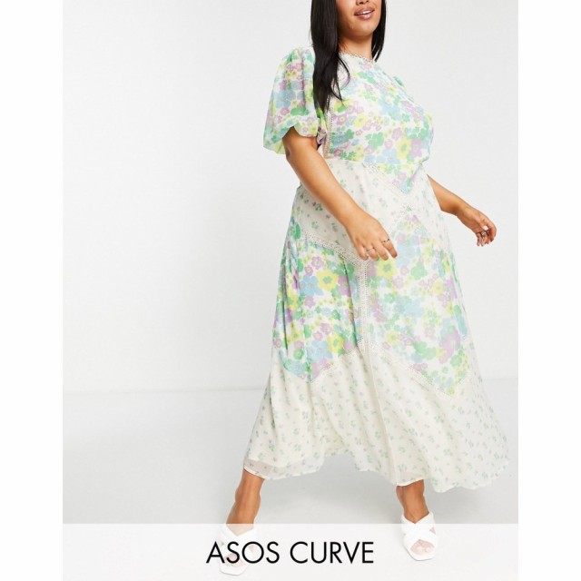 エイソス ASOS Curve レディース ワンピース マキシ丈 ワンピース・ドレス Curve Lace Insert Cutout Tea Maxi Dress In Mixed Print