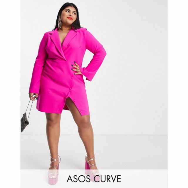 エイソス ASOS Curve レディース ワンピース ミニ丈 ワンピース・ドレス Curve Button Split Skirt Blazer Mini Dress In Magenta マゼン