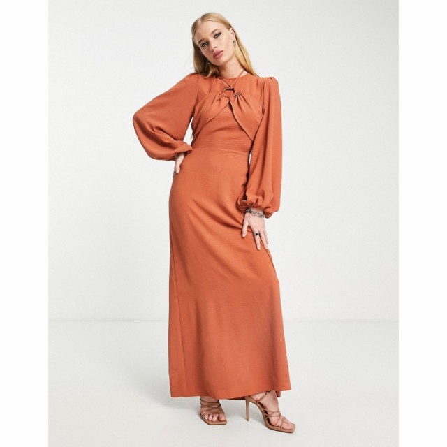 エイソス ASOS DESIGN レディース ワンピース マキシ丈 ワンピース・ドレス Maxi Tea Dress With Ring Detail And Balloon Sleeves In Ru