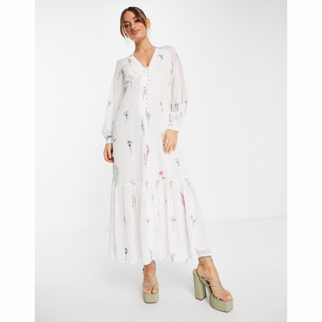 エイソス ASOS DESIGN レディース ワンピース マキシ丈 ワンピース・ドレス Button Through Embroidered Maxi Tea Dress In White ホワイ