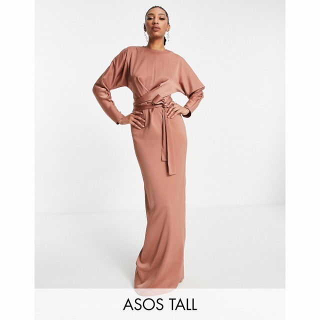 エイソス ASOS Tall レディース ワンピース ラップドレス マキシ丈 Tall Satin Maxi Dress With Batwing Sleeve And Wrap Waist In Mink