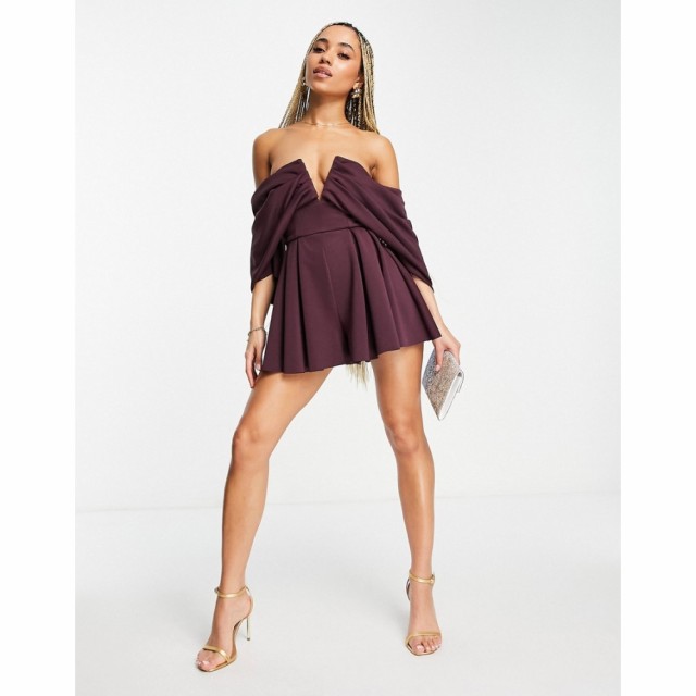 エイソス ASOS DESIGN レディース オールインワン ショート ワンピース・ドレス Scuba Off Shoulder V Bar Playsuit In Aubergine ディー