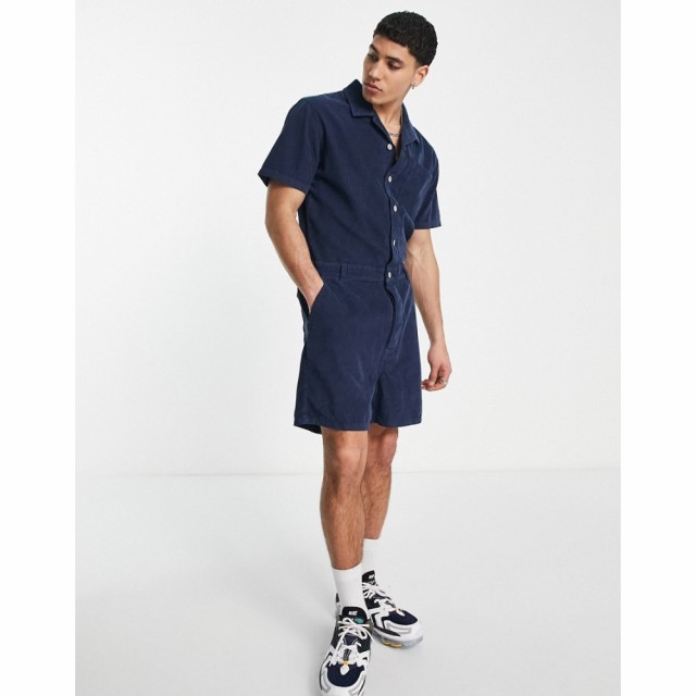 エイソス ASOS DESIGN メンズ ツナギ・オールインワン ボイラースーツ トップス Short Boilersuit In Navy Corduroy ネイビー