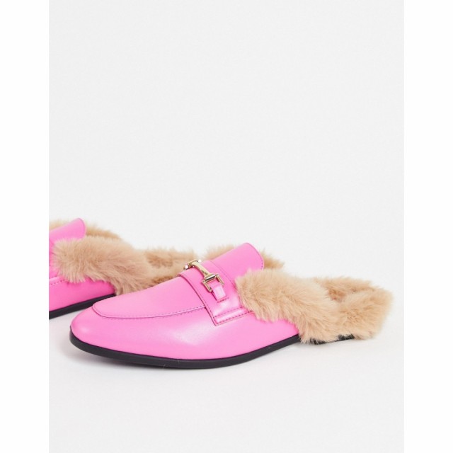 エイソス ASOS DESIGN メンズ ローファー ミュール シューズ・靴 Mule Loafer In Bright Pink Faux Leather With Natural Faux Fur ピン