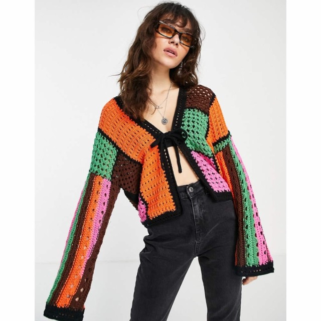 エイソス ASOS DESIGN レディース カーディガン トップス Patchwork Cardi With Tie Front In Open Stitch マルチカラー